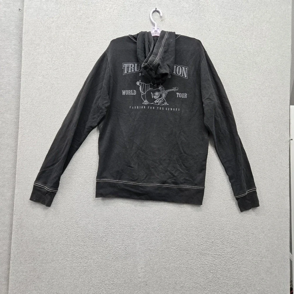 True Religion Men Hoodie L/G Black Embroidered Graphic Fleece Buddha Guitar